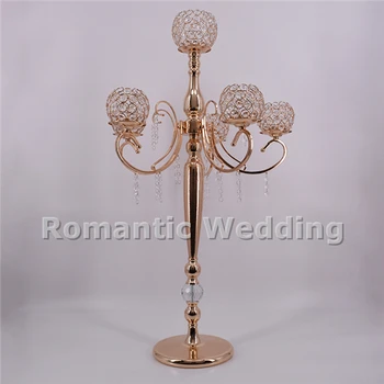 

Free shipment 6PCS/lots 5 arm luxury tall crystal metal candlestick centerpiece for Wedding decoration event party decoration