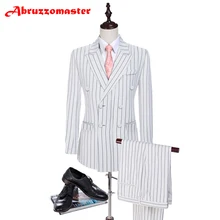 Веревки в полоску жениха белый смокинг жениха индивидуальный заказ человек костюм полосатые хлопковые ткани мужские пиджаки 2 ед. пиджак с остроконечными лацканами костюм для свадьбы