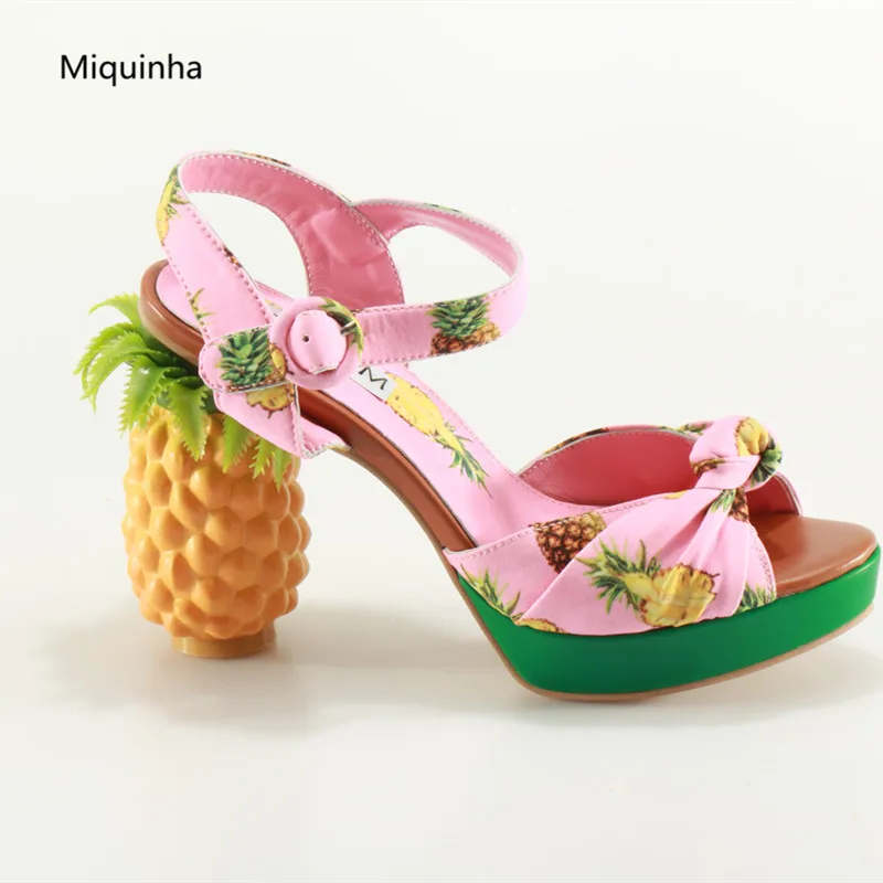 New Arrival Pineapple Print Canvas Sandals High Heels Peep Toe Women