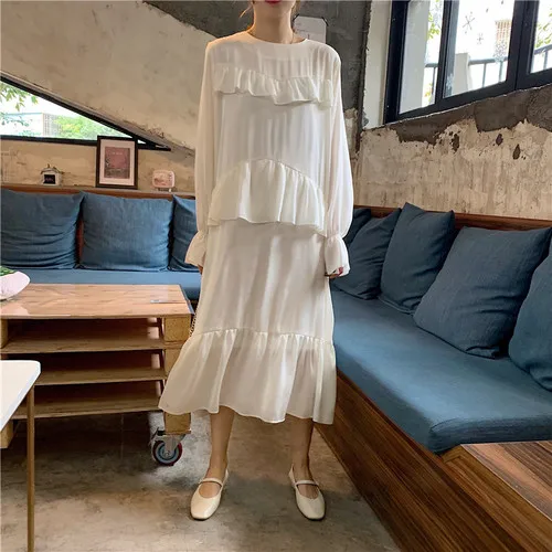 

Chiffon Casual Loose Irregular Ruffles Basic White All Match O-neck Long Sleeve Female Straight Mid-calf Flare Sleeve Dresses