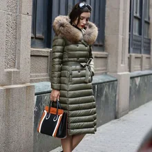 Большой натуральный мех, зимний женский ультра легкий пуховик, белый утиный пух, куртки с капюшоном, теплое тонкое пальто, парка для женщин