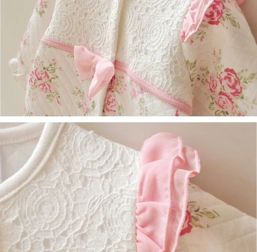 Хлопковый утепленный комбинезон с цветочным рисунком для новорожденных, комплекты одежды с шапочкой одежда для сна с длинными рукавами и бантом для девочек 0-10 месяцев, комбинезоны