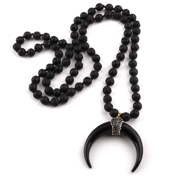 

Free Shipping Fashion Stones Long Knotted Ox Horn Moon Pendant Necklace Lariat Necklaces