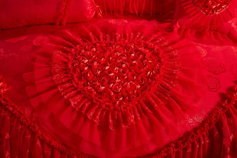 Красный розовый жаккардовые свадебные комплекты постельного белья 4/6/9 шт. queen king size постельное белье кружевное роскошное постельное белье