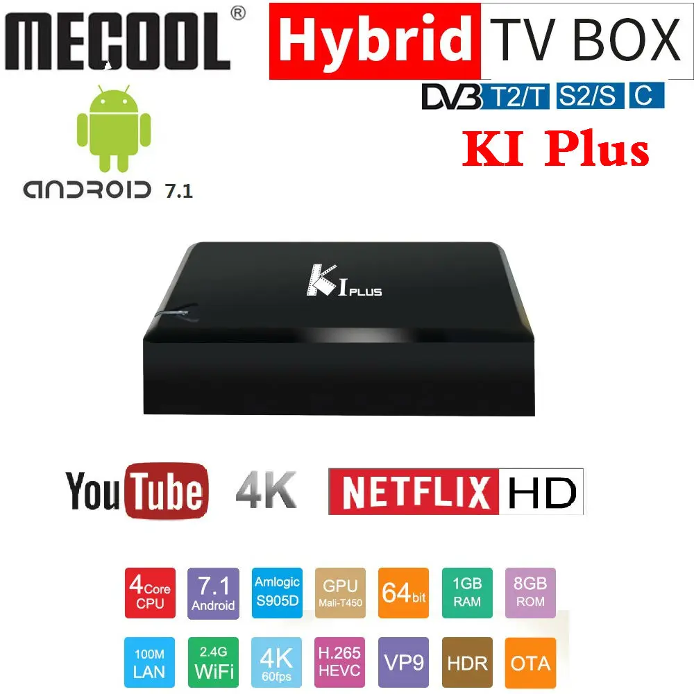 

Mecool K1 PLUS Amlogic S905D QuadCore Smart TV BOX Android 7.1 DVB-T2 DVB-S2 DVB-C 4 in 1 Combo TV Box KI PLUS 4K Media Player