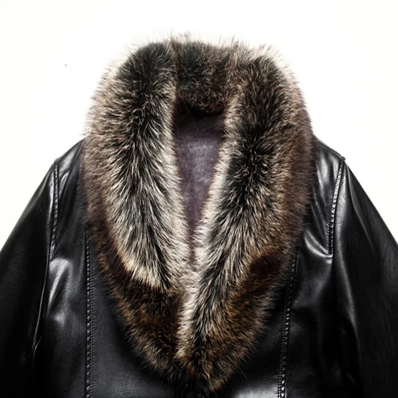  2019 New Brand Real Fur Collar Leather Jacket Men Russian Winter Single Breasted Windbreaker Jacket - 32948815962