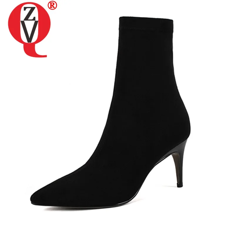 

ZVQ 2019 autumn winter new high quality flock thin high heel shoes ladies 7.5 cm heel office dress party booties size 33-43