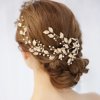 

Fashion Handmade Gold Leaf Tiara Pearls Branch Wedding Hair accessories Porm Party Hairband Bridal Headband Hair Vine