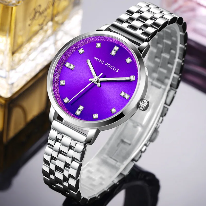 

MINIFOCUS 2018 New Stylish Luxury Women Watch Purple Face Stainless Steel Waterproof Wristwatch Girls Ladies Bracelet Clock