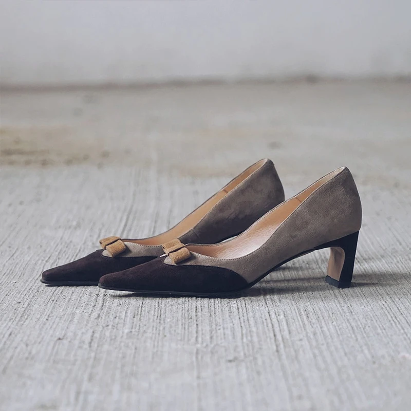 

vintage leather women's shoes pointed toe pumps women heels suede leather heels Slip On shoes block heels party shoes