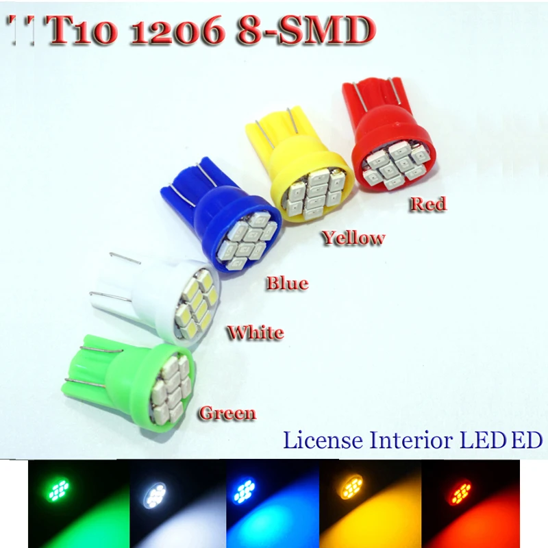 

5pcs T10 8 smd 1206 8leds 8SMD Car Light 194 168 192 W5W 3020 Auto Wedge White Blue red green pink Clearance lights DC 12V