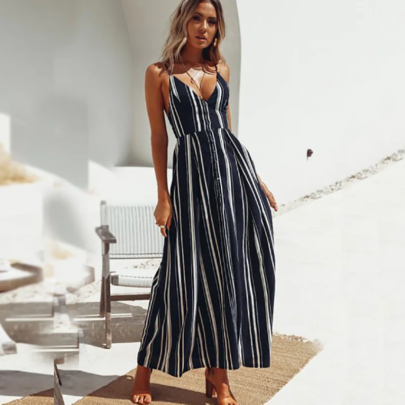 

2019 Summer V-collar Black-and-white Striped Sling Dress Sleeveless Backless Bohemian Dress High Waist Back Bow Women Dress