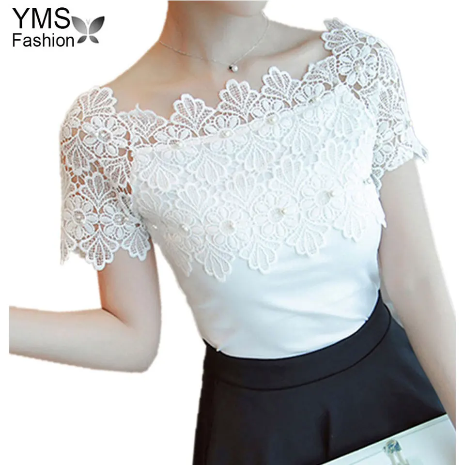 

2018 Summer Women Lace Blouse Shirts Casual Short Sleeve Slash Neck Lady Blouse Sexy Patchwork White Shirts Lady Cotton Tops
