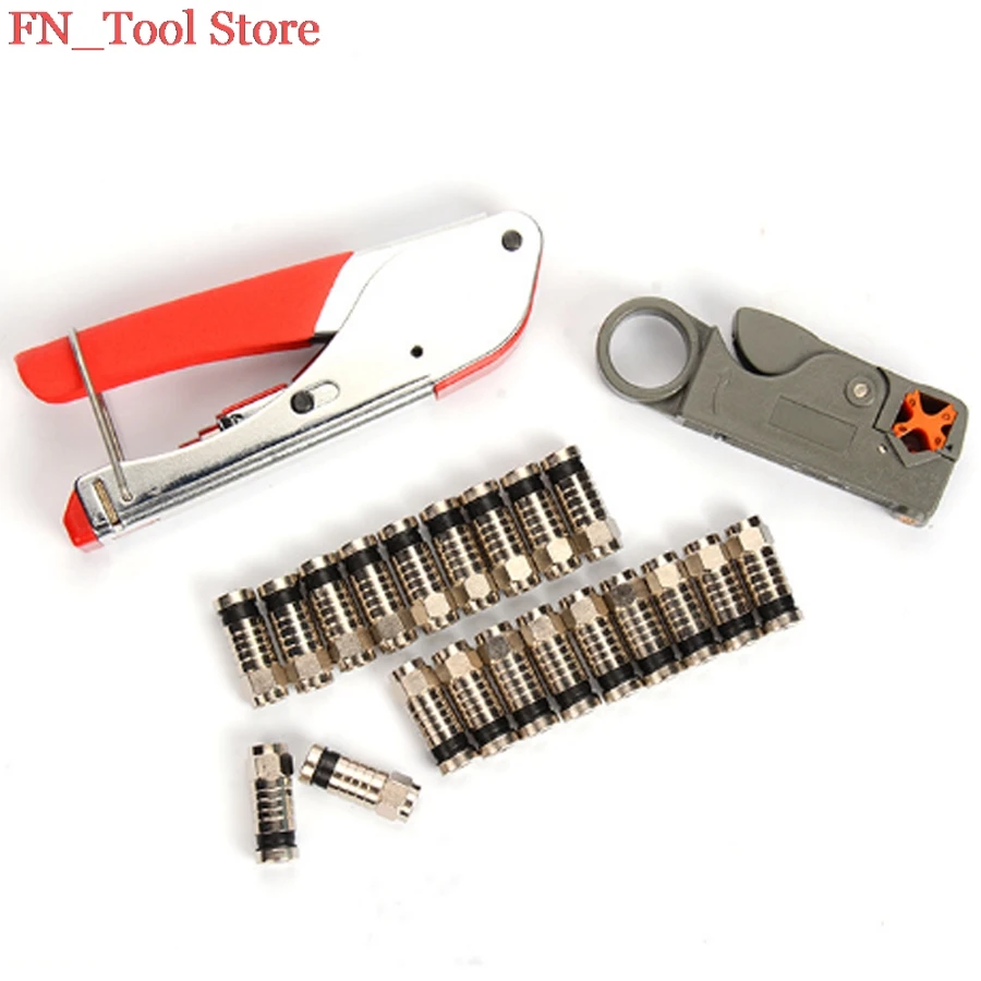 

Coaxial cable press plier Network pliers wire stripper Video maintenance Tools Set+20pcs Black Waterproof extrusion F connector