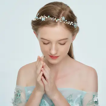 

Bride Crystal Blue Flower Hairband Tiaras Fashion Women Electroplated Faux Pear Headband Crown Wedding Elegant Hair Jewelry