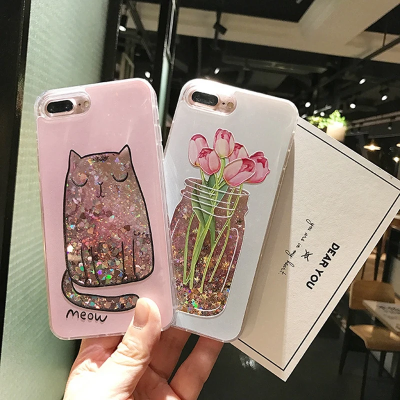 

Small Fresh Glitter Case For iphone x Case TPU Female Mobile Phone Shell Simple Cat Tulip Quicksand For iphone 7 8 plus Case