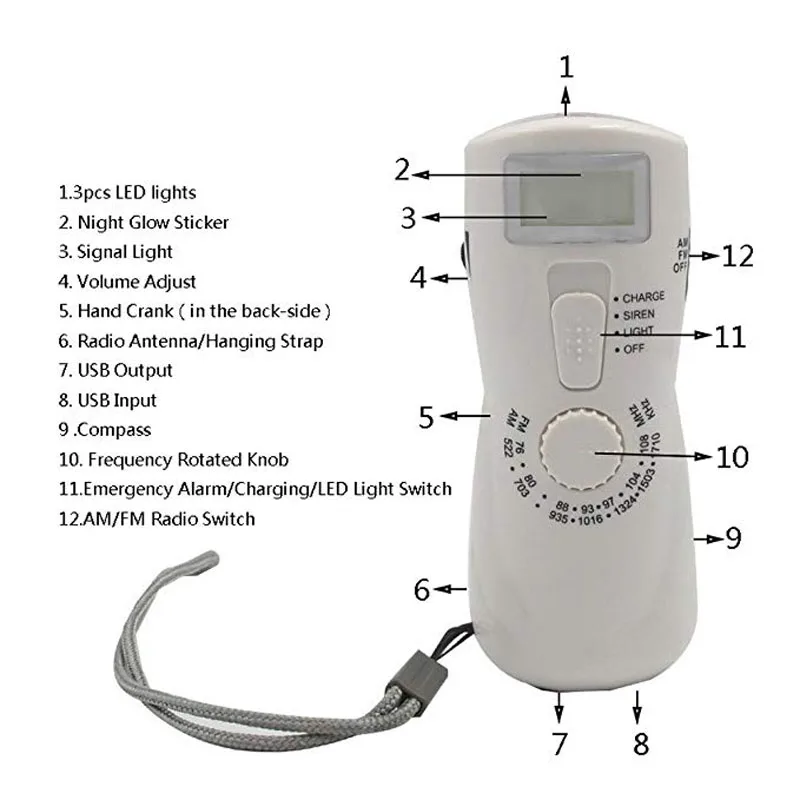 Аварийный Мощный ручной фонарик Динамо портативный фонарь MuiltiFunction Lanyard фонарь с AM/FM радио для кемпинга