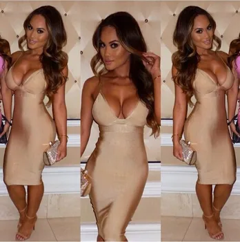 

Brand New High Quality Fashion Sexy V Neck Knee Length HL Bodycon Bandage Dress For Women New Arrival Knitted Bodycon Dress