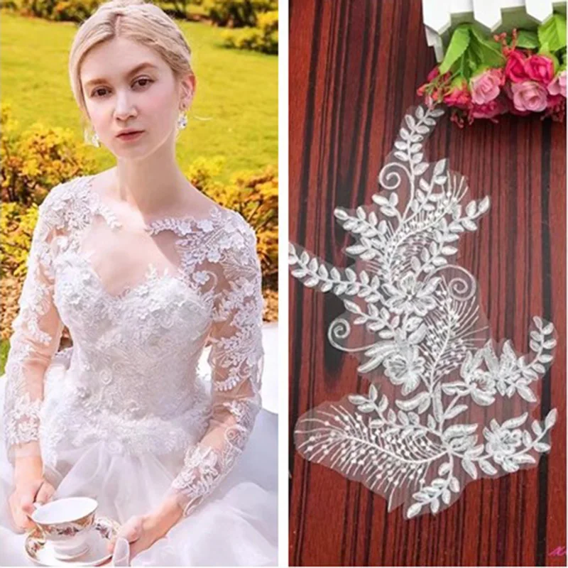 

1Pc Bridal Corded Lace Applique Motif Fabric Ivory Patch Sew on Wedding Dress