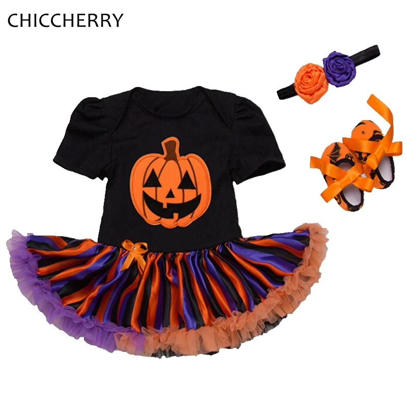 

Baby Pumpkin Halloween Costumes Lace Romper Dress Headband Crib Shoes Newborn Tutu Sets Roupa De Bebe Girls Halloween Outfits