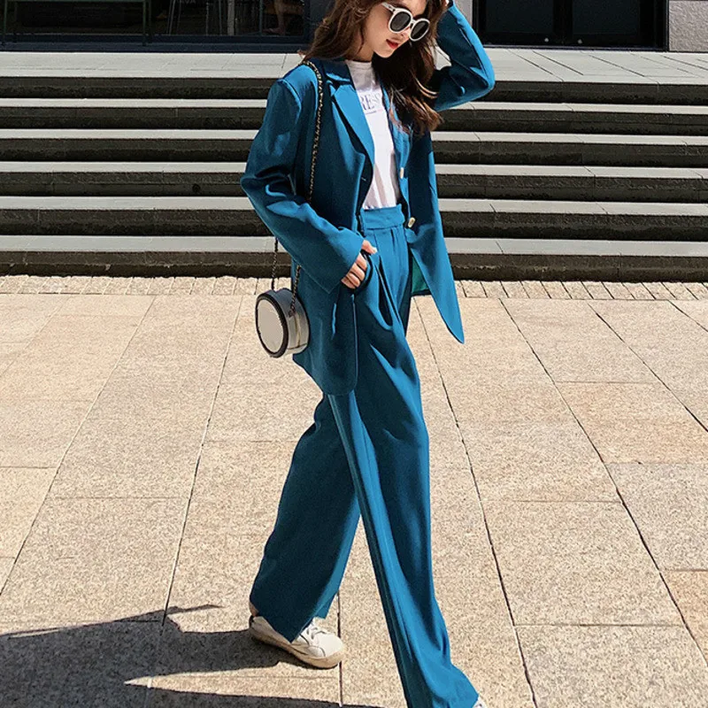 LANMREM Solid Color Single-breasted Blazer Trousers Suit Temperament Casual Fashion Loose Women Spring New TC937