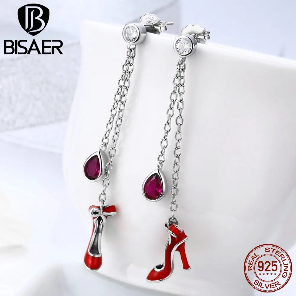 

BISAER Authentic Earrings 925 Sterling Silver Charming Sexy Red Dressing Stud Earrings pendientes mujer moda 2019 Jewelry HSE406