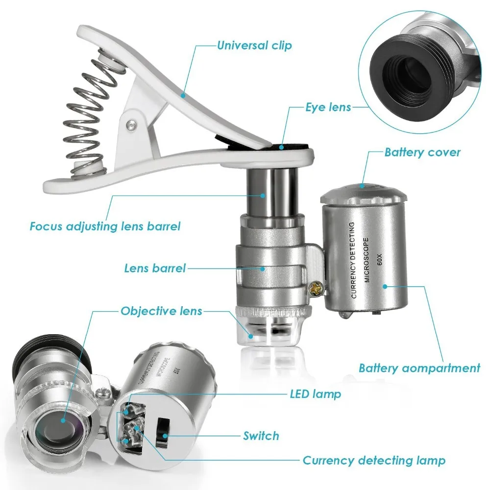 60X зум цифровой мобильный телефон объектив микроскоп Лупа с светодиодный светильник клип объектив для iPhone 6 5 5S samsung Galaxy Note 3 S4 sony