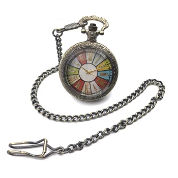 

Vintage Bronze Tone See Though Case Quartz Movement Pocket Watch Roman Number Dial Half Hunter Watch w/Chain