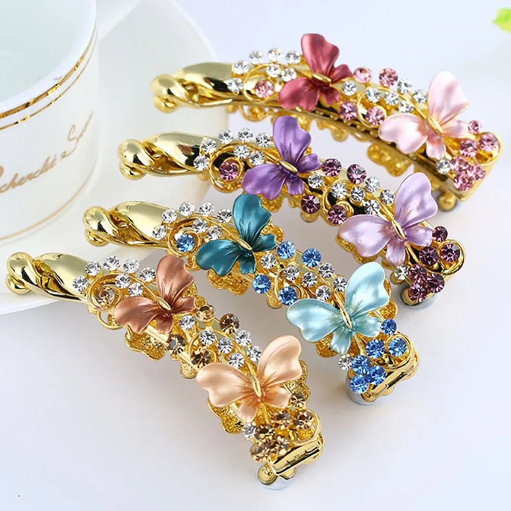 

Women Alloy Banana Hair Clip Claws Crystal Rhiestone Butterfly Hairpin Holder Ponytail Vintage Barrettes With Teeth 8cm