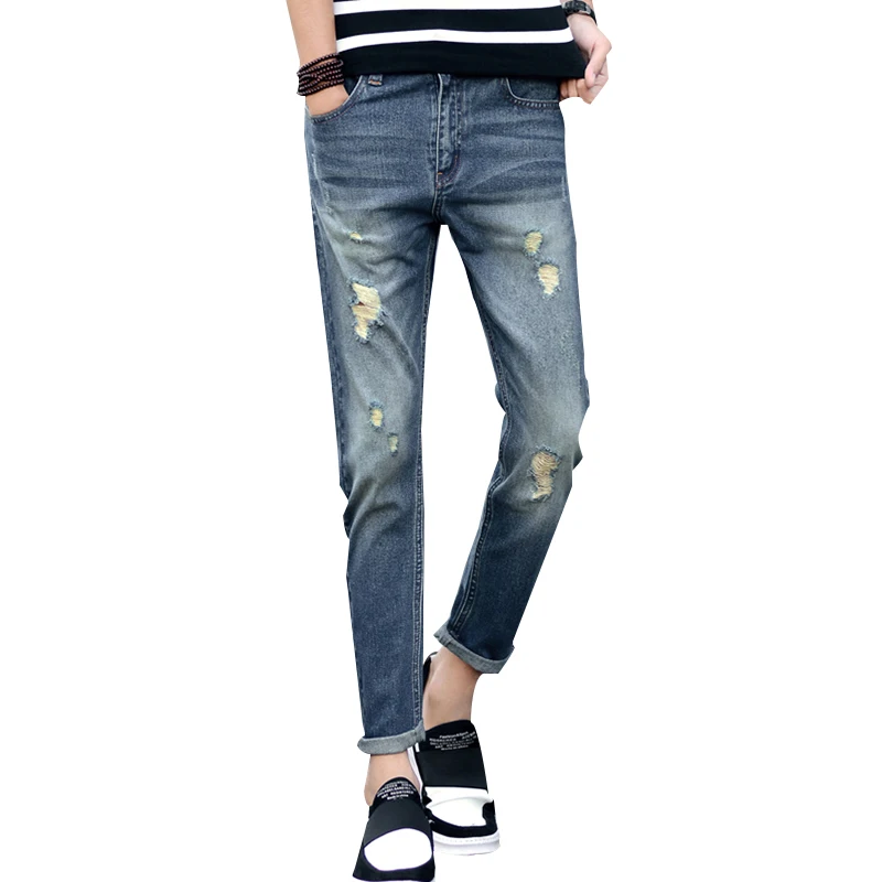 Ankle Jeans Mens Ripped Jeans Slim Fit Vintage Retro Distressed Harem
