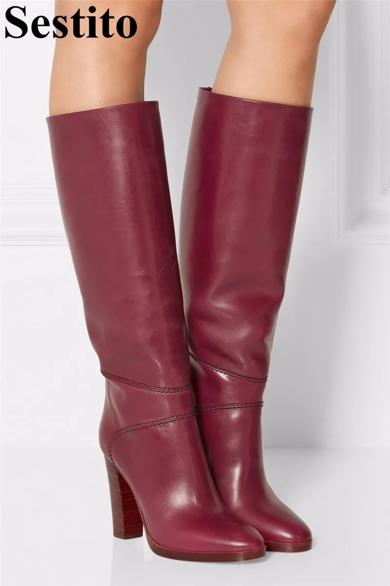 

Concise Sewing Red Wine Keep Warm Winter Boots Woman Round Toe Hoof Heels Mid-Calf Boots For Women Slip-on Casual Women Shoes