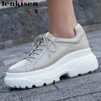 

Lenkisen full grain leather round toe lace up thick bottom concise style sneakers platform dating party vulcanized shoes L10