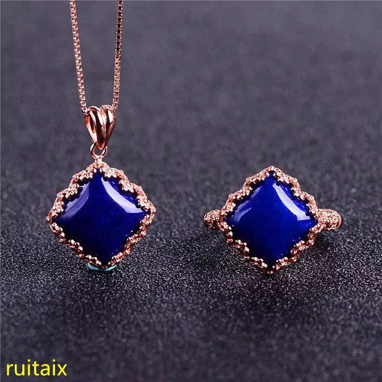 

KJJEAXCMY boutique jewels 925 sterling silver inlaid with natural oval blue gold stone ring pendant 2 pieces of jewelry gold and