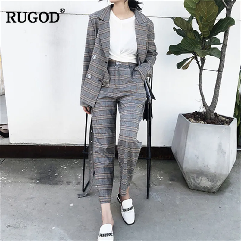 RUGOD Work Fashion Pant Suits new 2 piece set women spring double-breasted plaid Blazer Jacket& pants Office Lady Suits