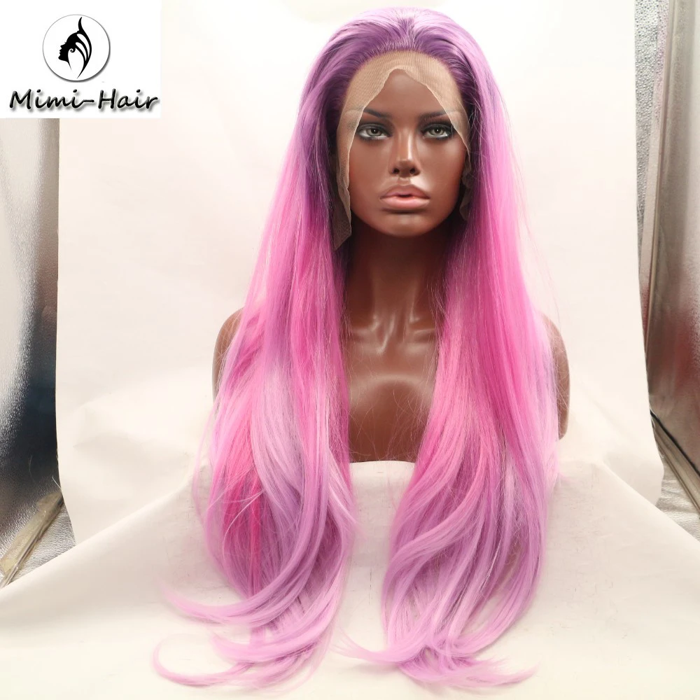 

Mimihair Synthetic lace front wig pink ombre wig with purple at root heat resistance fiber hair