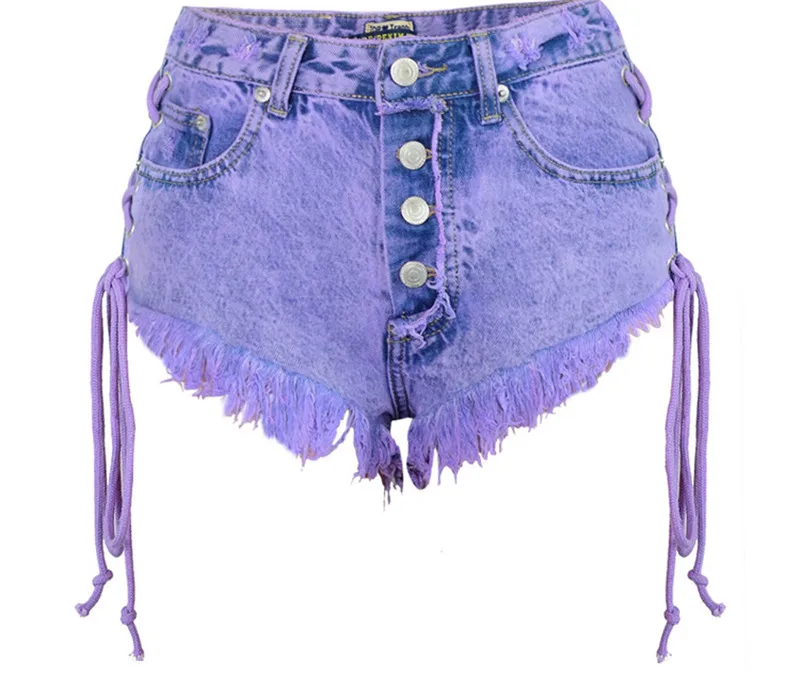 Летние пляжные шорты NORMOV с высокой талией для женщин, сексуальные мини джинсы, джинсовые шорты для женщин с двумя боковыми завязками, однотонные хлопковые шорты, джинсы - Цвет: Purple