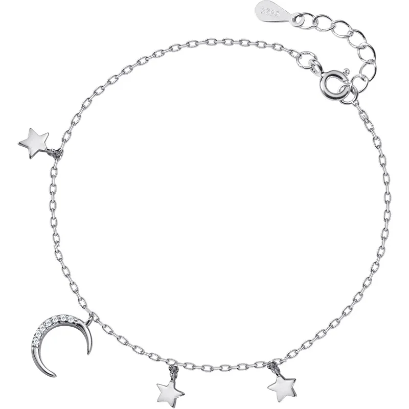 

Simple Crescent CZ Moon Stars 925 Sterling Silver Adjustable Bracelet