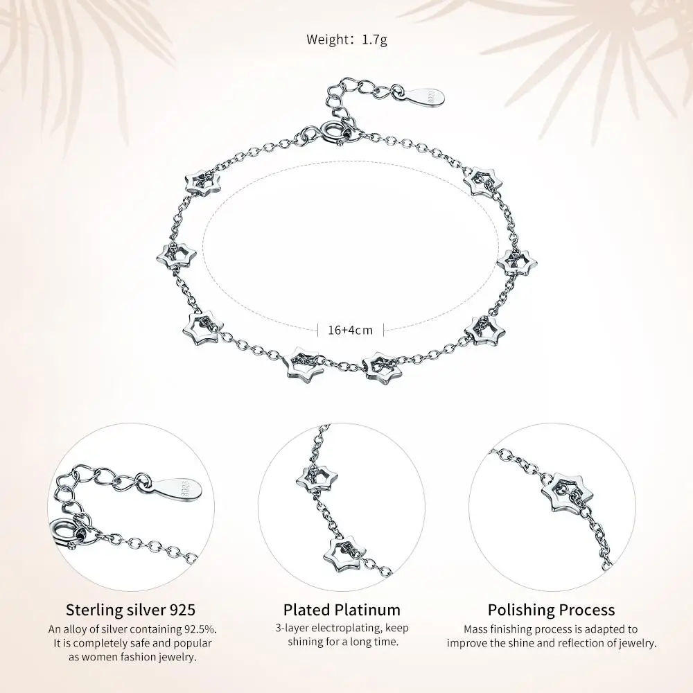 

VOROCO Genuine 100% 925 Sterling Silver Stars Chain Link Adjustable Charm Bracelets Silver for Women Fine Jewelry VSB003
