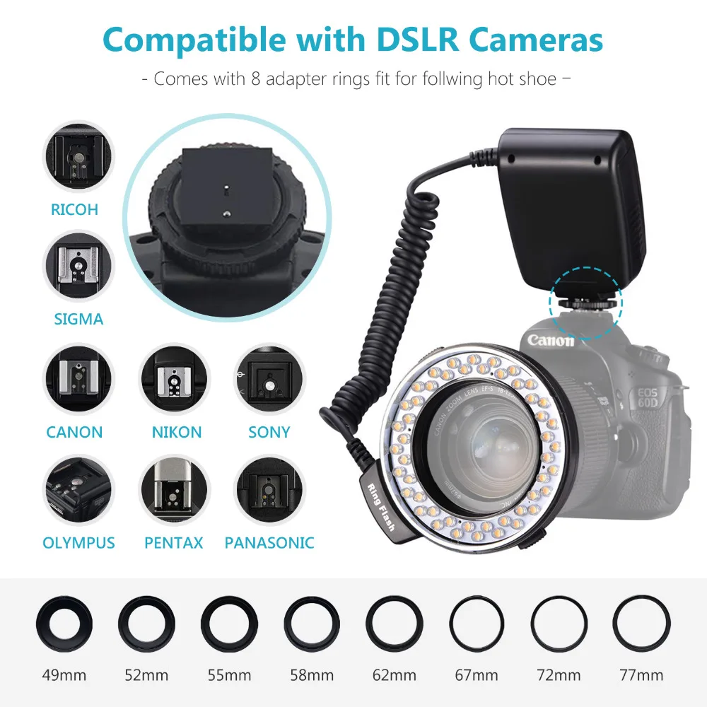 Neewer 48 RF550D Макро LED Кольцевая Вспышка LCD дисплей с 4 диффузором 8 Переходных кольцов для Nikon Canon Panasonic Pentax