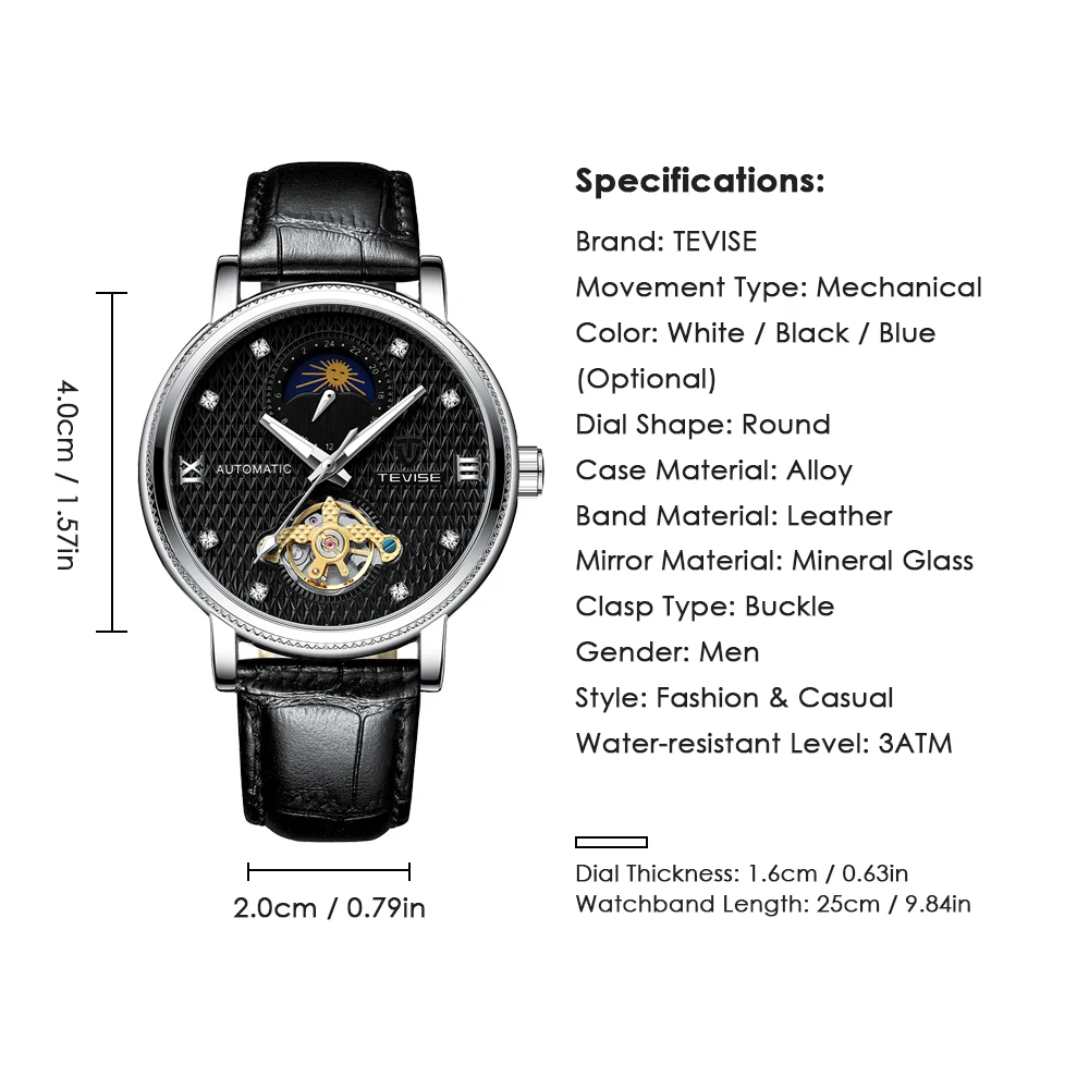 TEVISE мужские s часы Moon phase Tourbillon повседневные часы, кожа спортивные мужские наручные часы Relogio Masculino