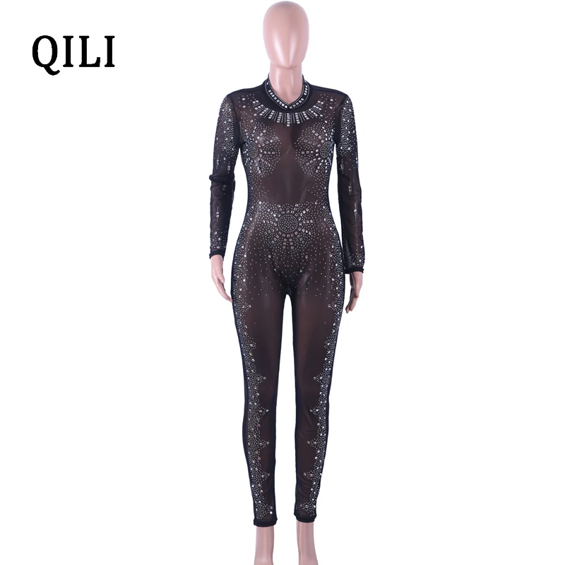 Черный QILI, женские комбинезоны, стразы, сексуальные, прозрачные, сетчатые, обтягивающие, длинные штаны, Облегающий комбинезон, черный, хаки, клубный комбинезон - Цвет: Черный
