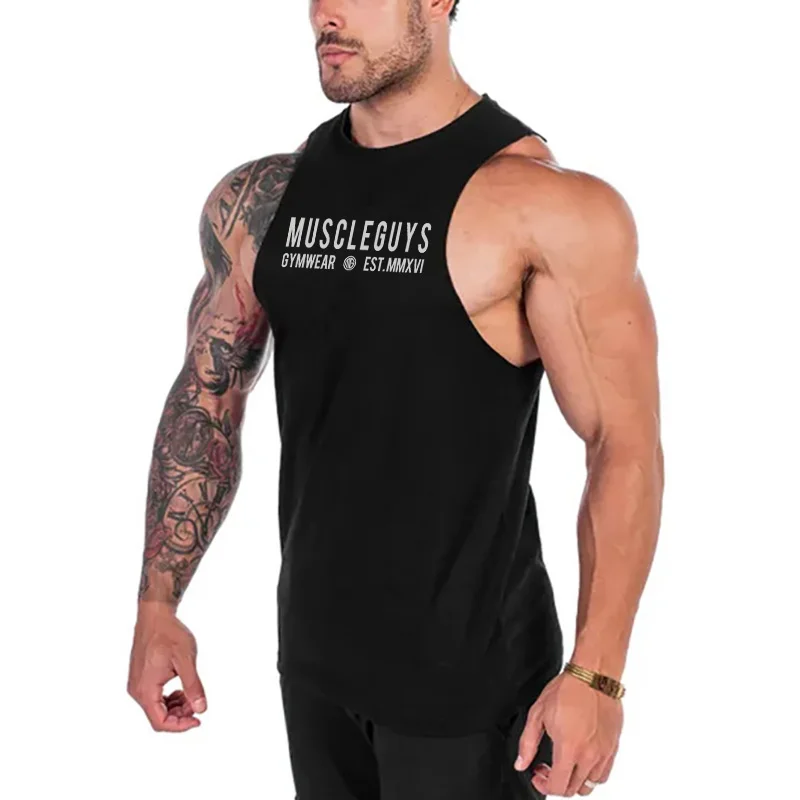 Летняя мода Muscleguys gymwear бренд для бодибилдинга на бретелях Мужчины Спортивная Фитнес мужская жилетка без рукавов M-XXL - Цвет: Черный