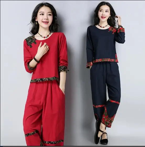 Best Price 2018 spring new national wind stitching printing retro long-sleeved cotton and linen suit linen loose casual two-piece suit fema Best Price 2018 spring new national wind stitching printing retro long-sleeved cotton and linen suit linen loose casual two-piece suit fema