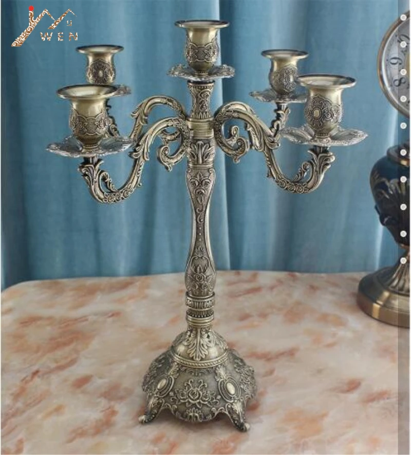 IMUWEN Bronze Candle Holder 5-arms Shiny Plated Candelabra Romantic And Luxury Metal For Wedding Events Or Party Decor