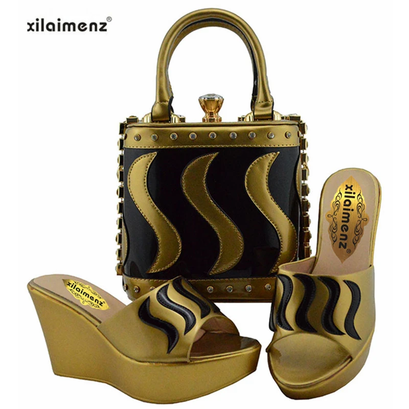 

New shop 40% discount Gold with Black Color New Splice Design for Nigerian Women Wedges shoes and bag to match for Wedding Party