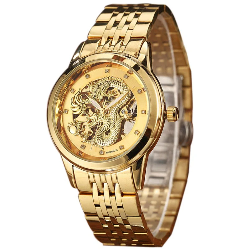 Роскошные автоматические механические наручные часы для мужчин китайский дракон дизайн скелет цвета: золотистый, серебристый мужской часы с автоподзаводом Relogio Masculino - Цвет: gold gold