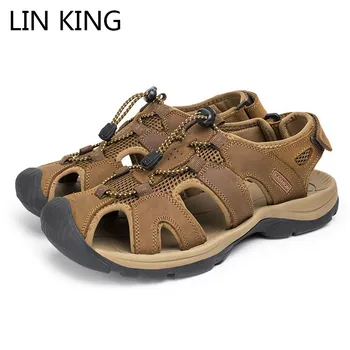 

LIN KING New Fashion Men Summer Genuine Leather Sandals Plus Size Beach Shoes For Men Comfortable Slip On Solid Outdoor Sandals