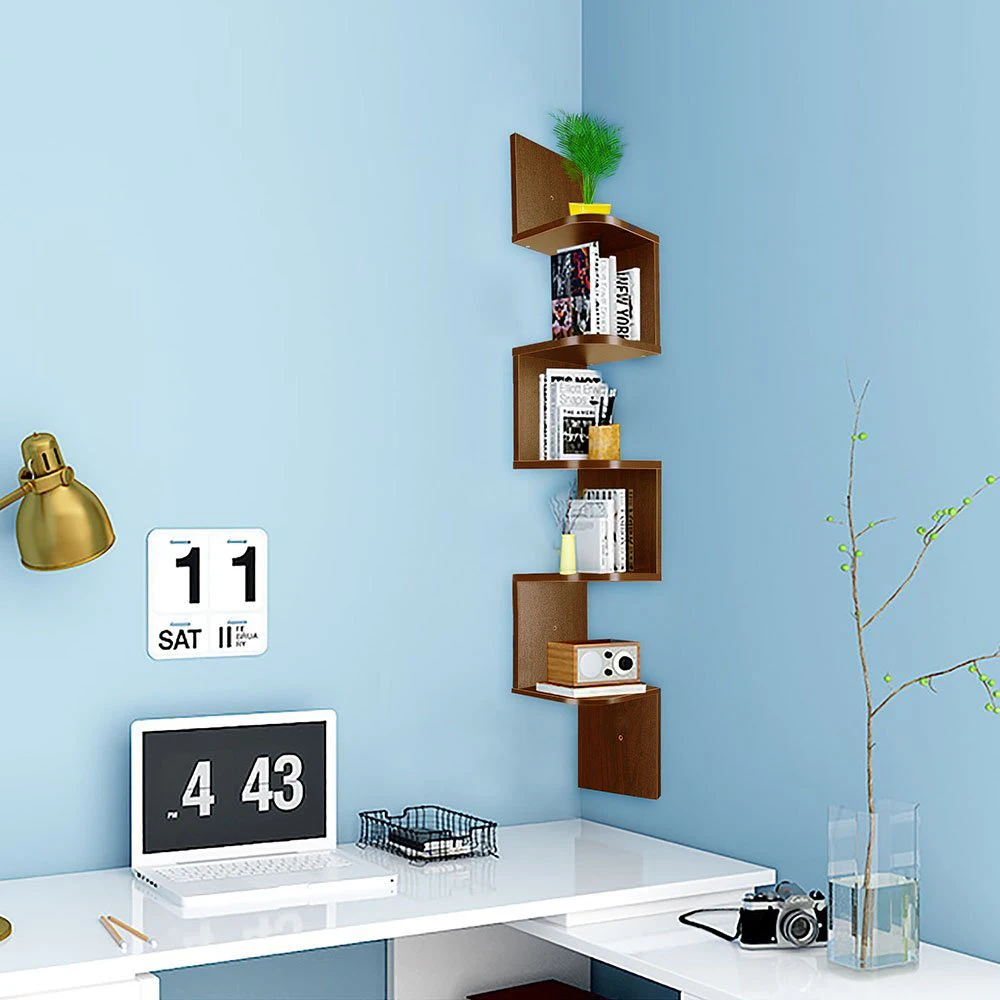 Wood Corner 5 tiers Wall Shelf Zig Zag Wooden Shelves Mount Rack Home Furniture
