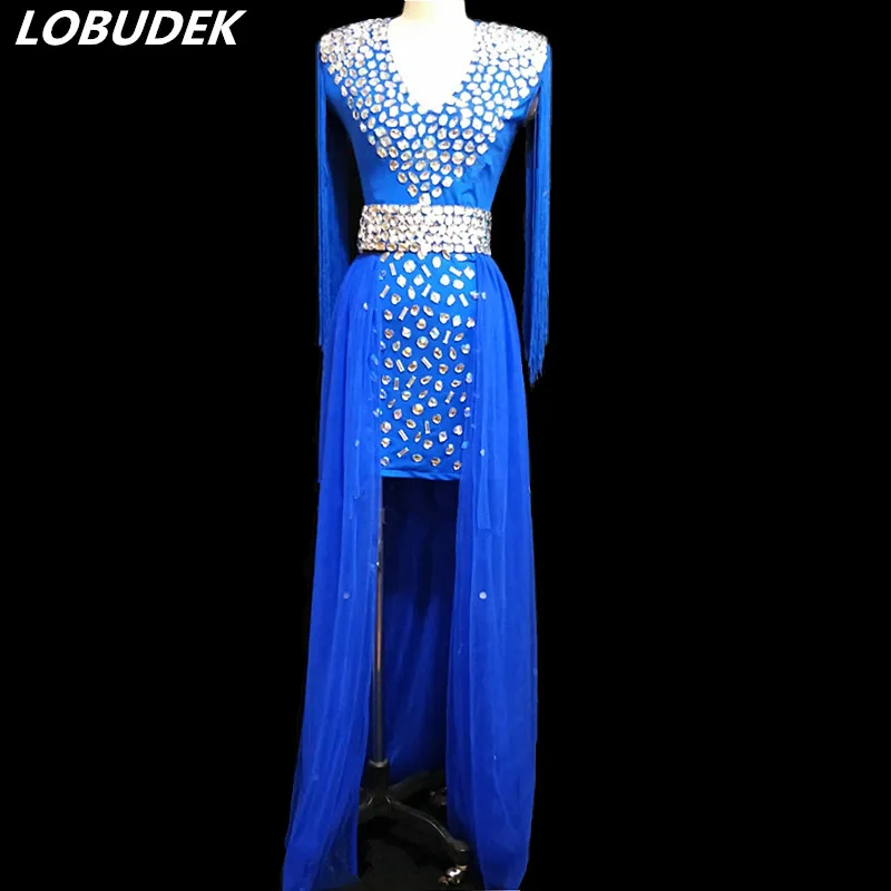 

Female Crystals Costume Full Rhinestones Blue Red Tassels Long Dress Sexy Women's Singer Host Stage Outfit Nightclub DS Costume