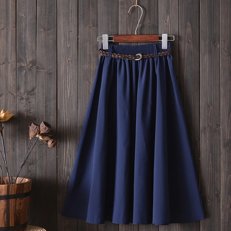 

JULY Summer Skirt Women With Belt Knee Length Big Bow 2019 Fashion Korean Ladies High Waist Pleated A-line School Skirt Female